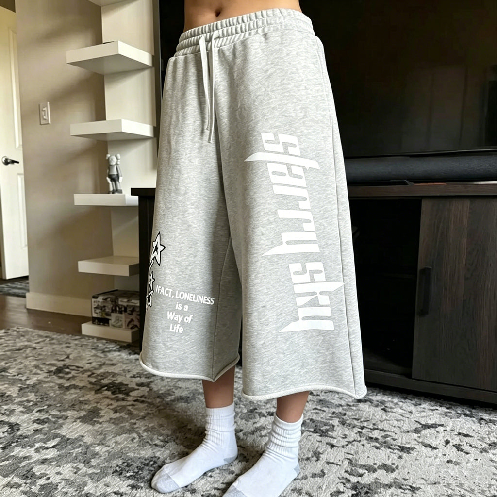 Text Pattern Drawstring Casual Pocket 3/4 Shorts