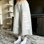 Text Pattern Drawstring Casual Pocket 3/4 Shorts