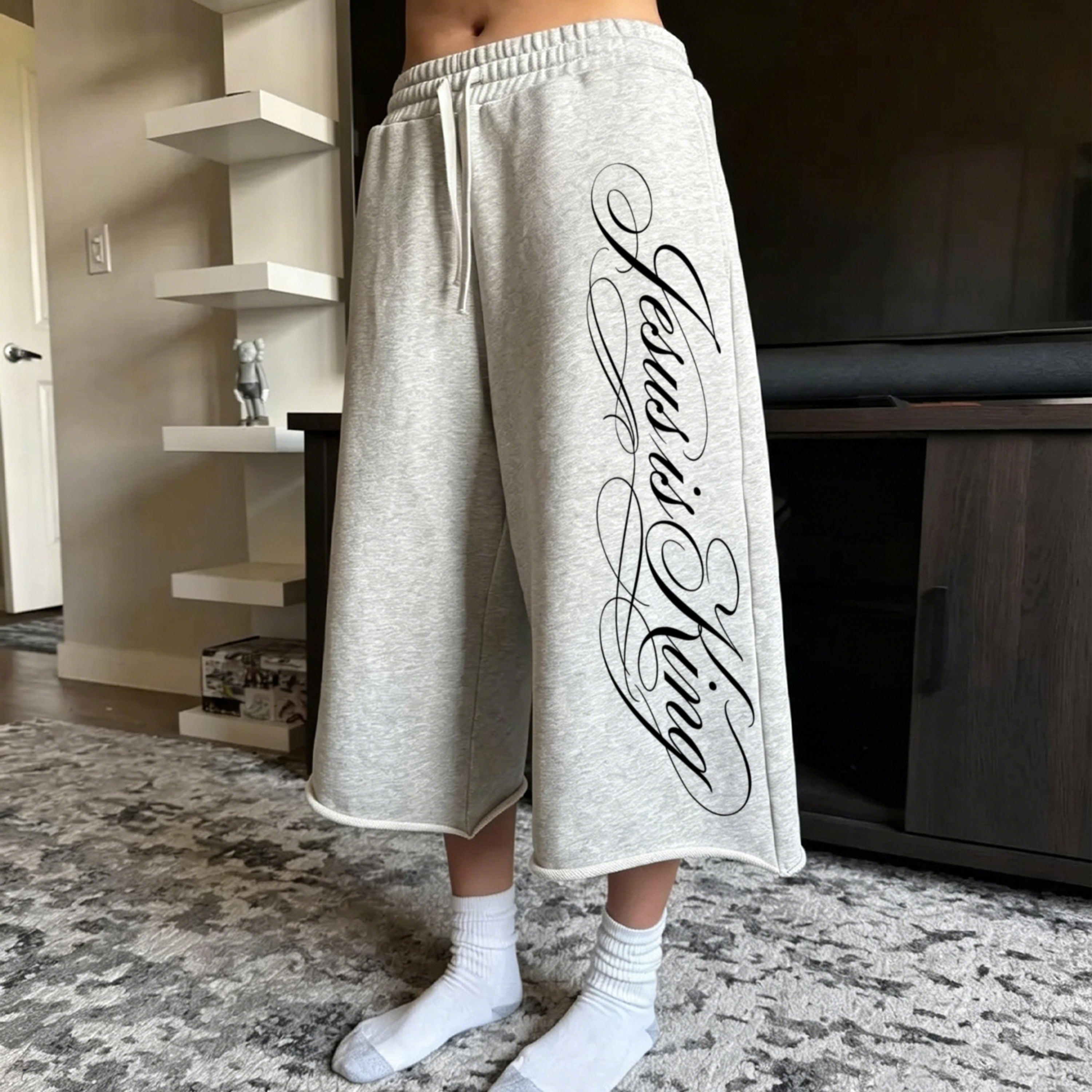 Jesus Is King Handwritten Font Design Terry Wool Capri Sweatpants