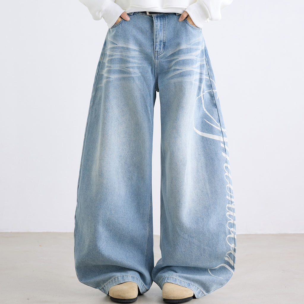 Retro Letter High Street Scimitar Stitching Wide  Jeans