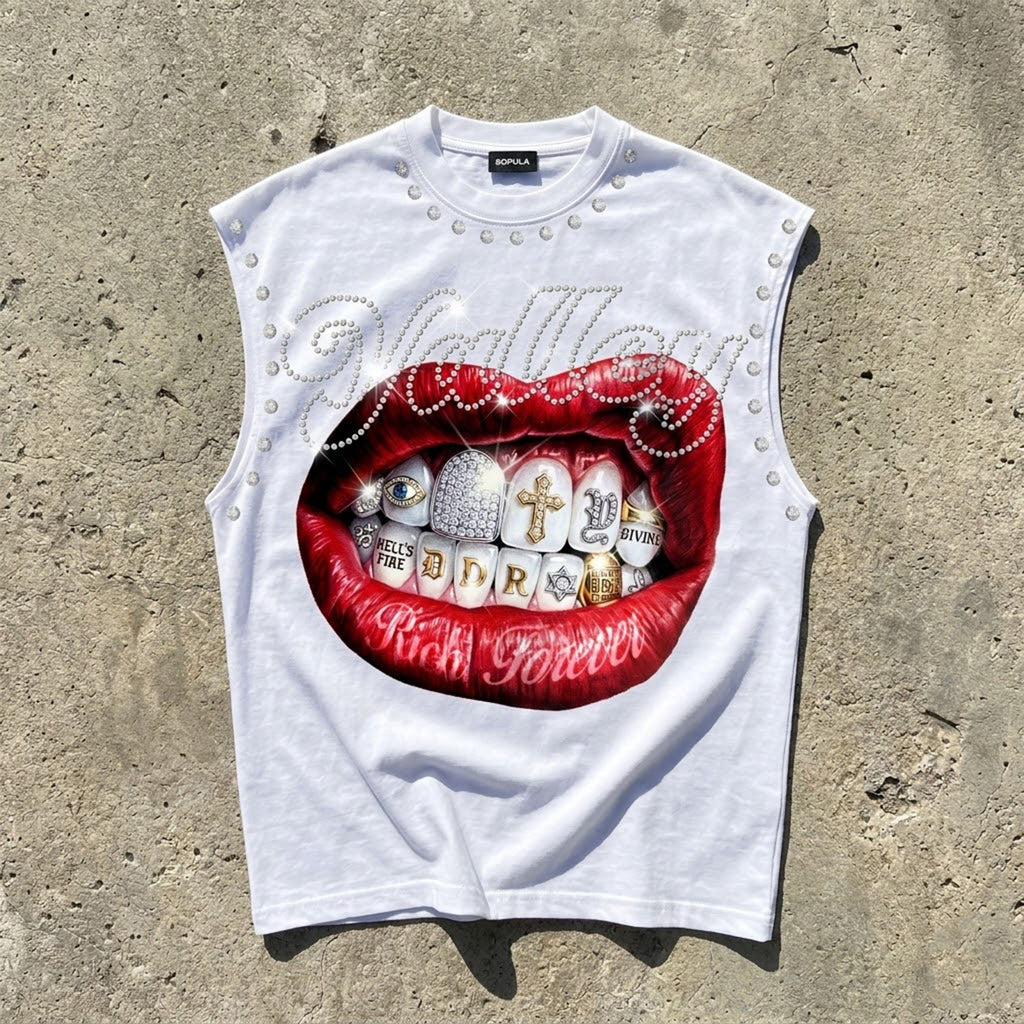 Valley Rhinestone-embellished Rich Forever Red Lips Tank Top