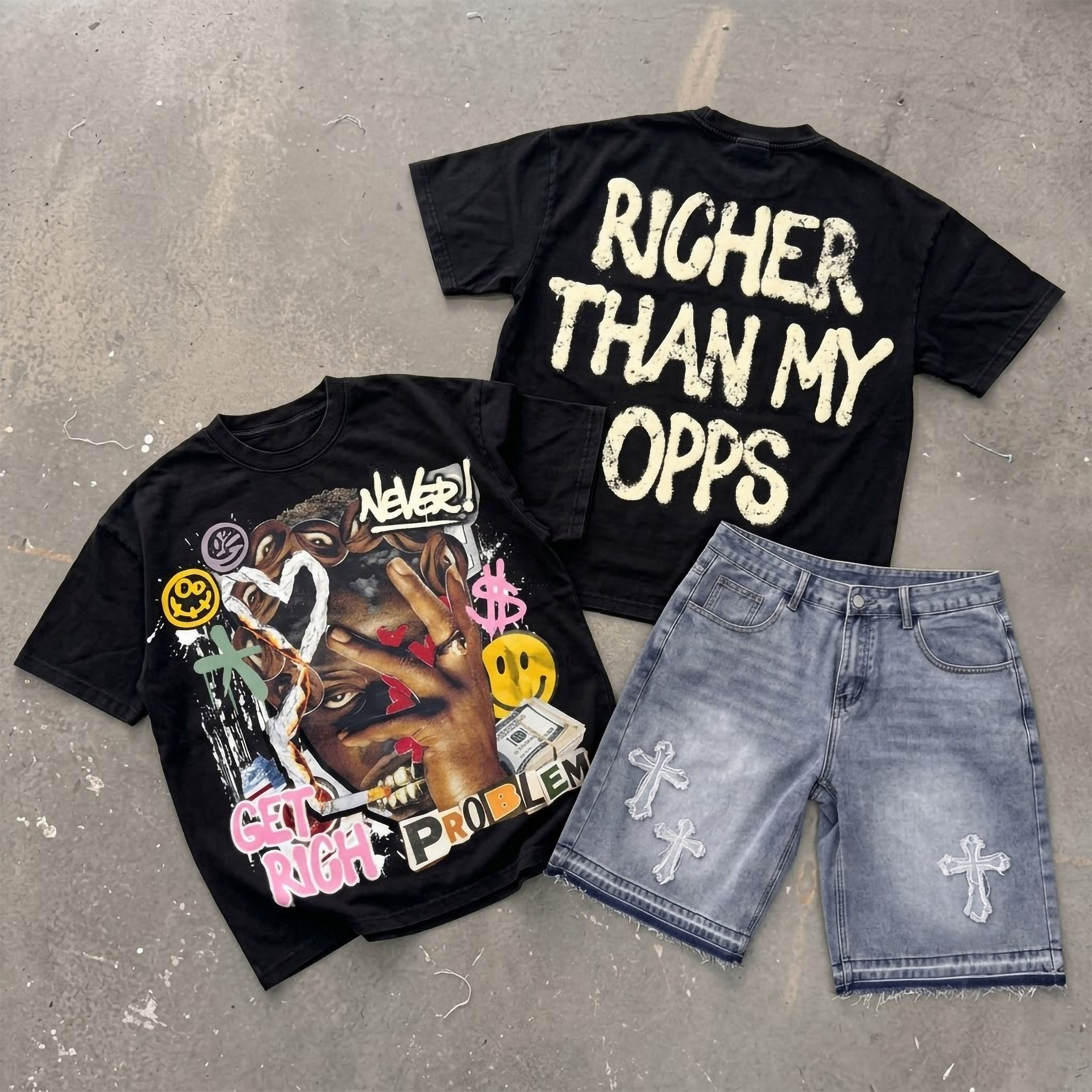 God Is Good Vintage Graphic T-shirt & Cross Appliqué Denim Shorts Set