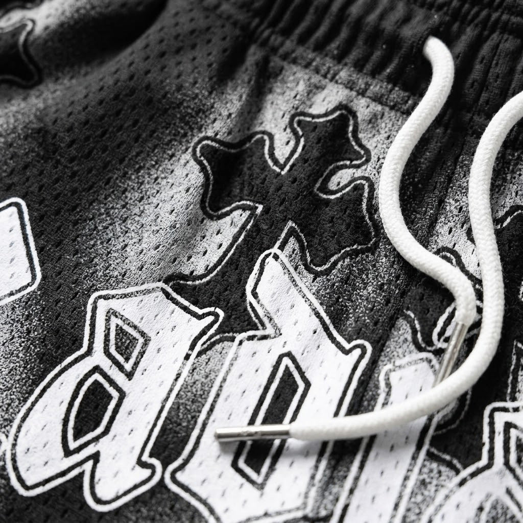 Classic Panda Black White Radiance Cross Graphic Mesh Athletic Shorts