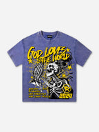 Men's Street God Loves The World Graphics Acid Washed T-shirt