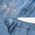 Cross Rhinestone Graphic Denim Shorts