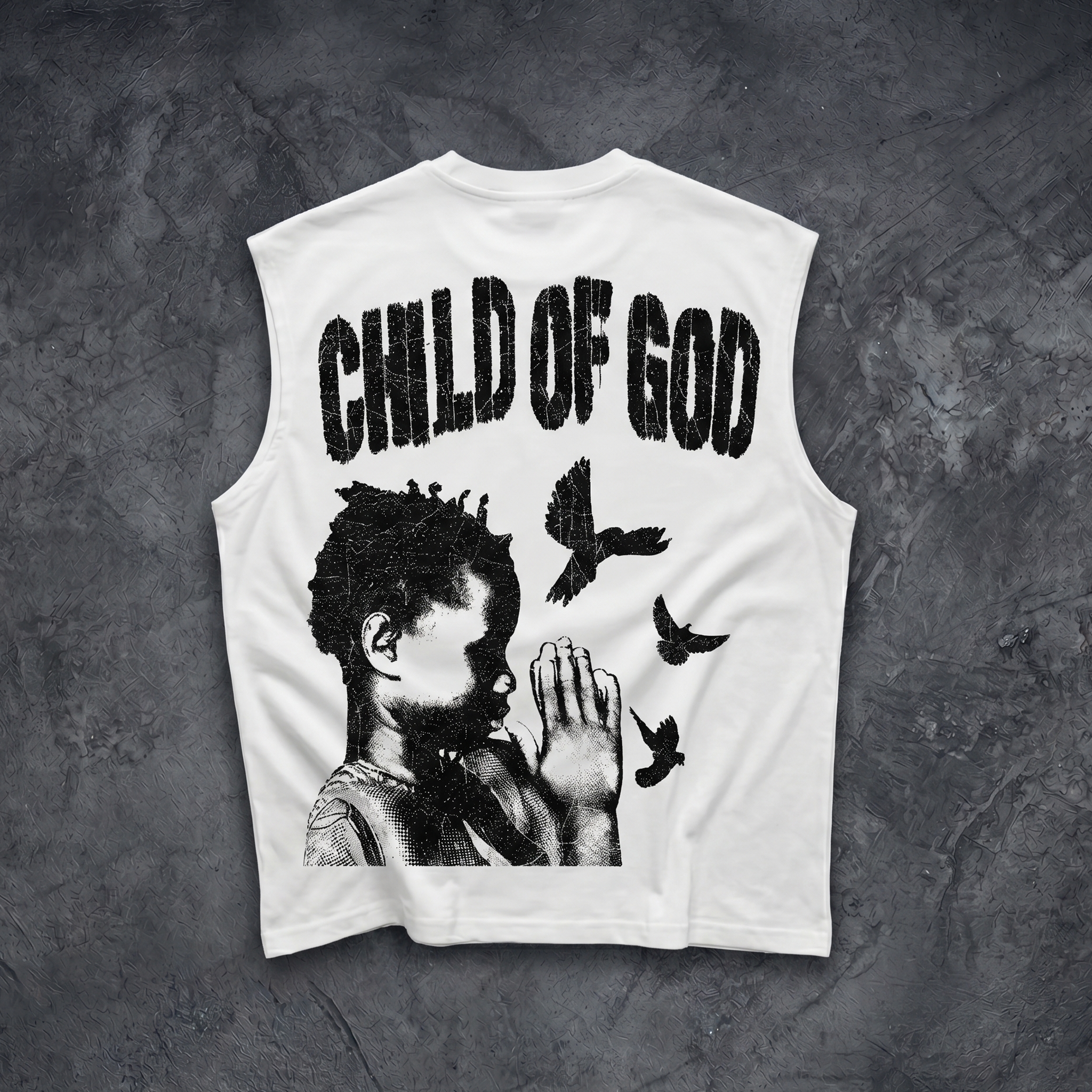 Child Of God Praying Graphic Tank Top & Distressed Cross Appliqué Denim Shorts