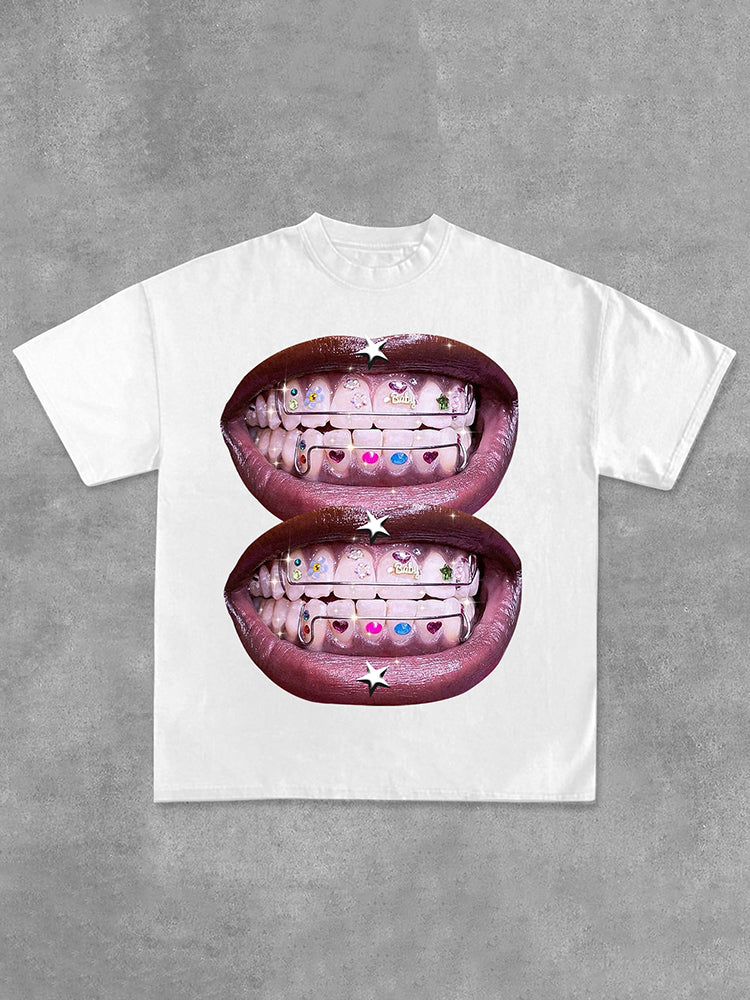 Personalized Lip Graphic Print Street Cotton T-Shirt