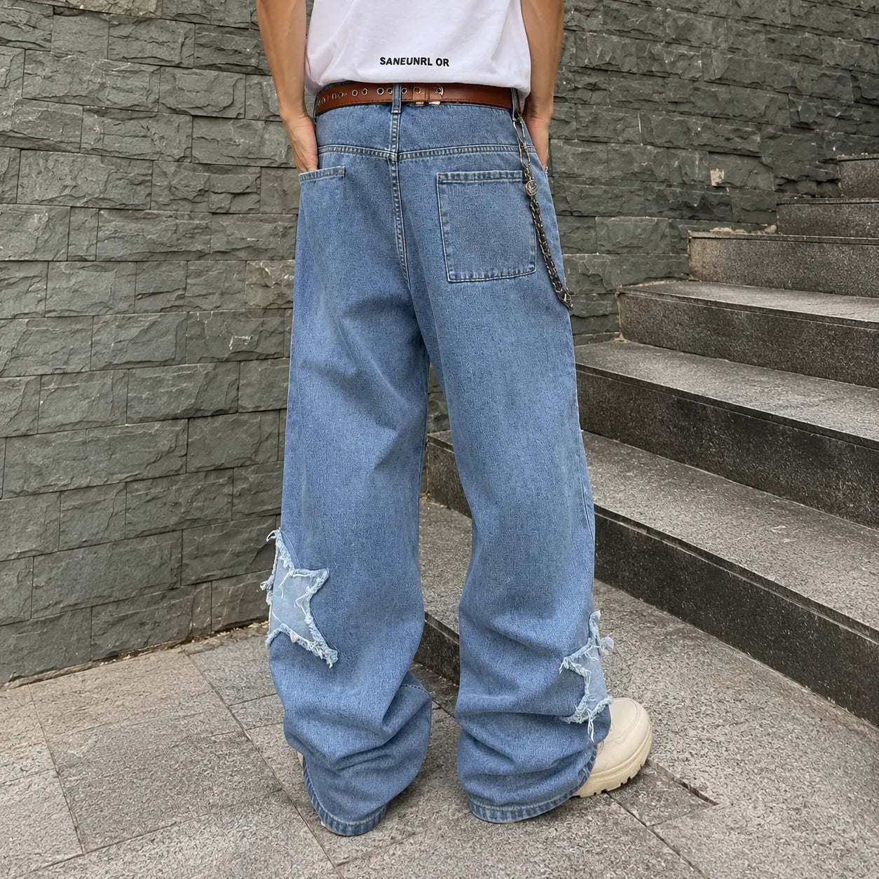 Men's Distressed Stylish Star Patch Street Jeans