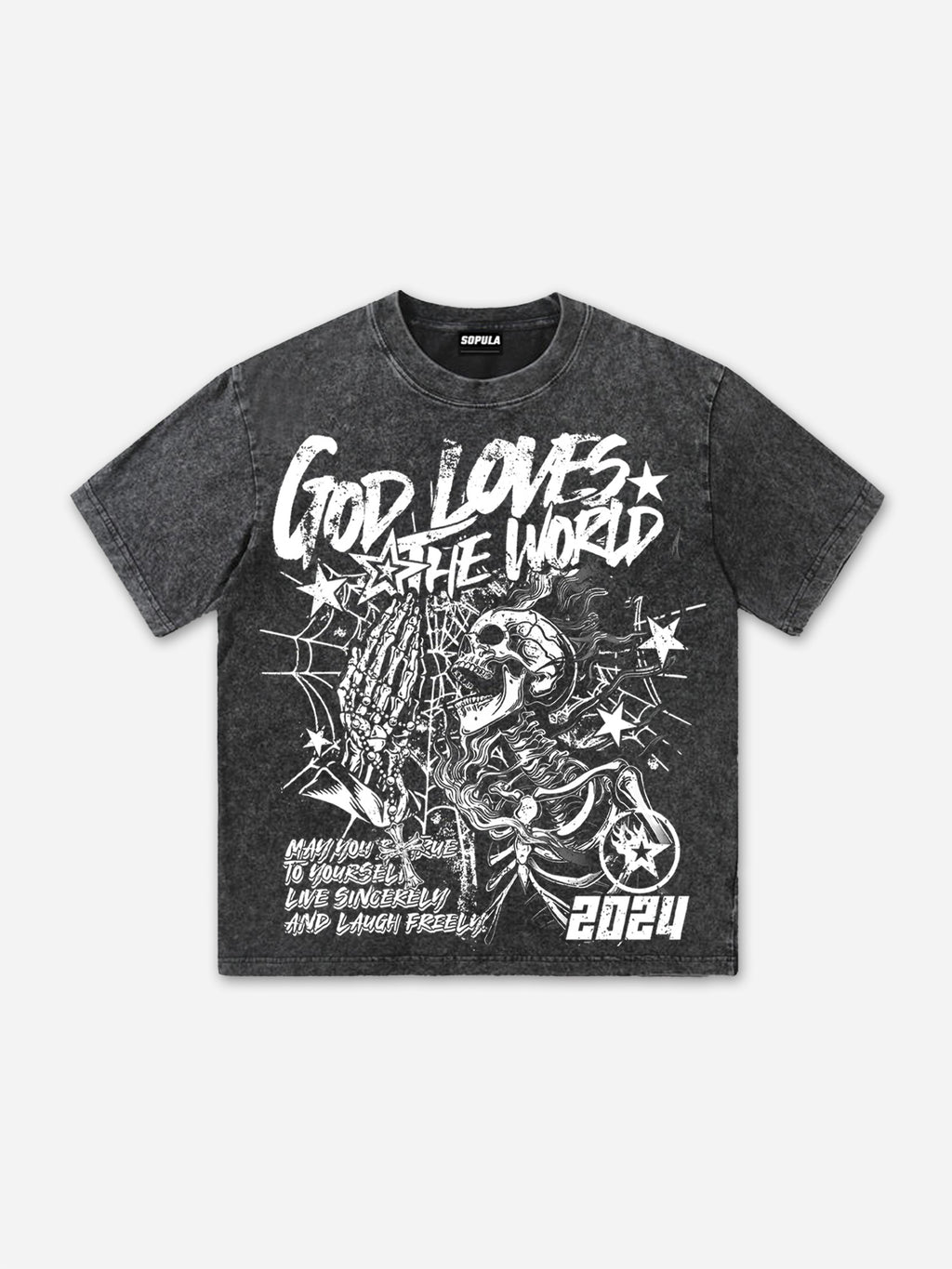 Men's Street God Loves The World Graphics Acid Washed T-shirt