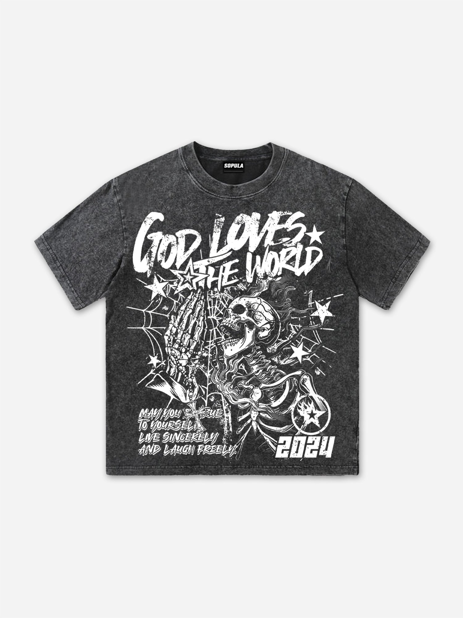 Men's Street God Loves The World Graphics Acid Washed T-shirt