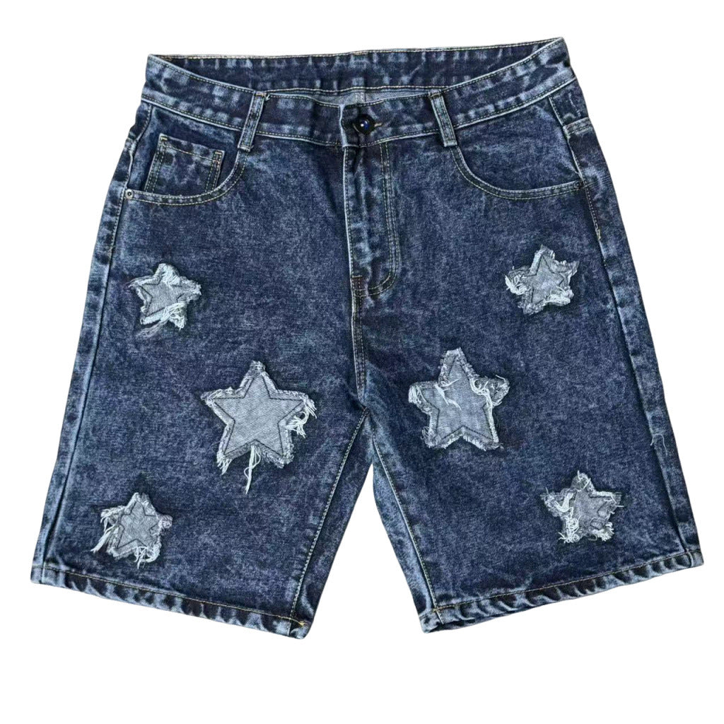 Vintage Washed Star-embroidered Denim Shorts
