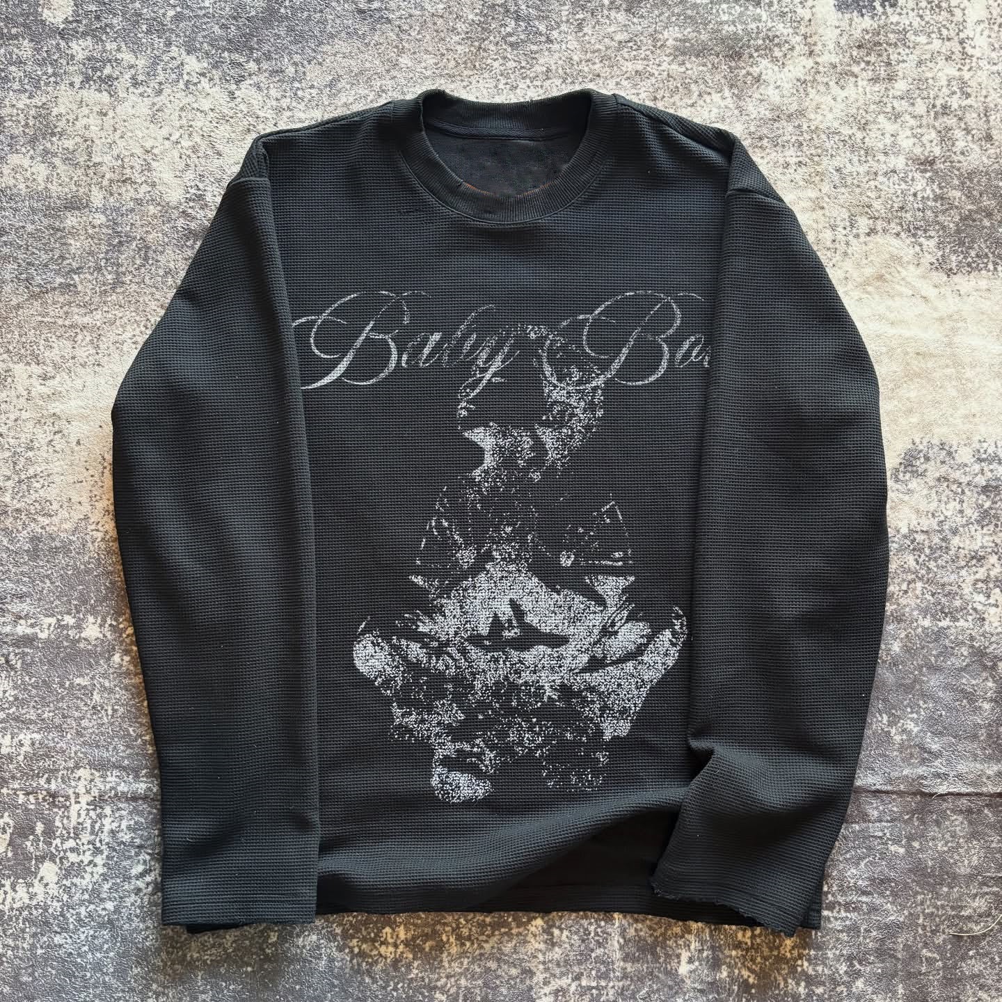 Retro Angel Saint Letter Print Waffle Knit Long-sleeve T-shirt