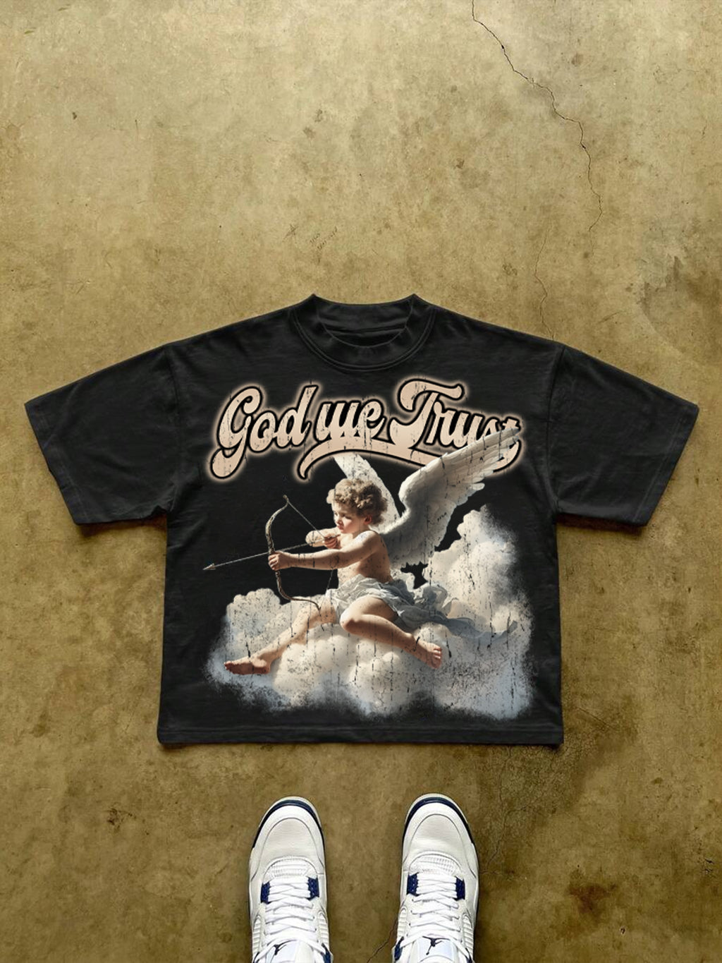 God We Trust Cupid Angel Aged Vintage Graphic Cropped T-shirt