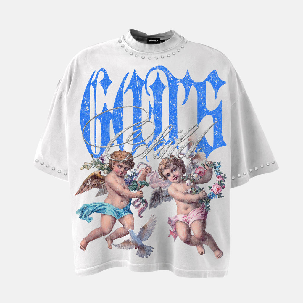 God's Child Retro Flowers Angel Graphic Rhinestone T-shirt
