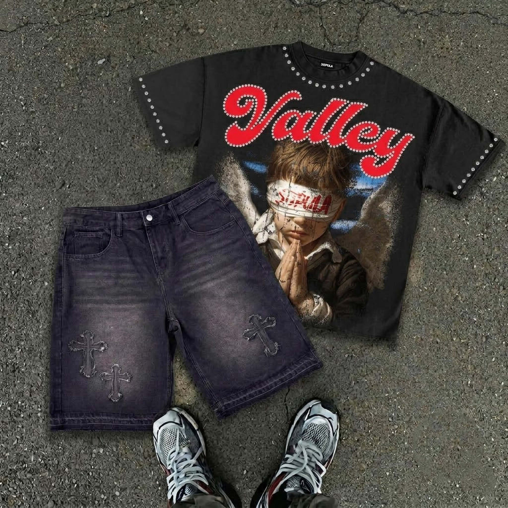 Valley Prayer Angel Graphic T-shirt & Cross Appliqué Denim Shorts Set
