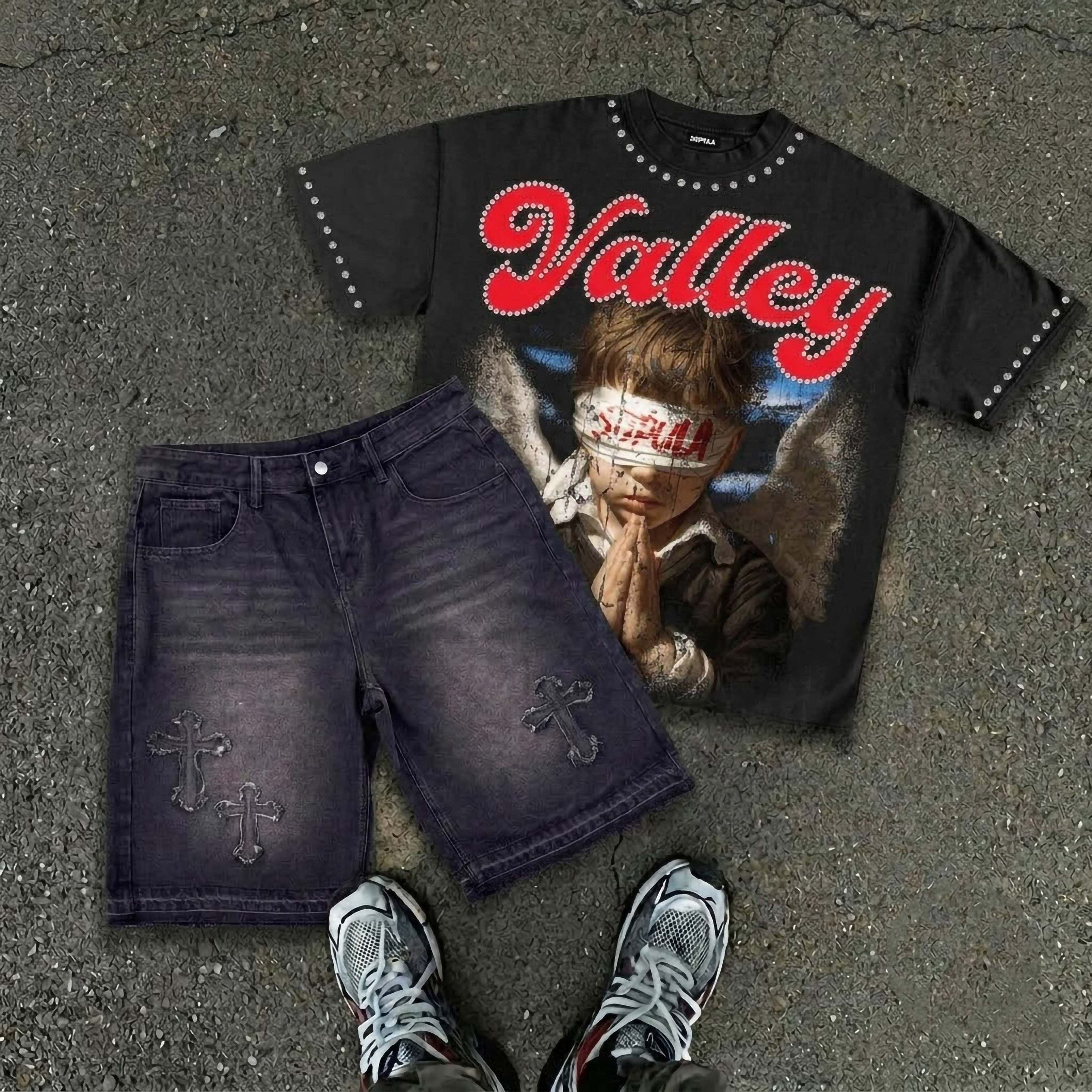 Valley Prayer Angel Graphic T-shirt & Cross Appliqué Denim Shorts Set