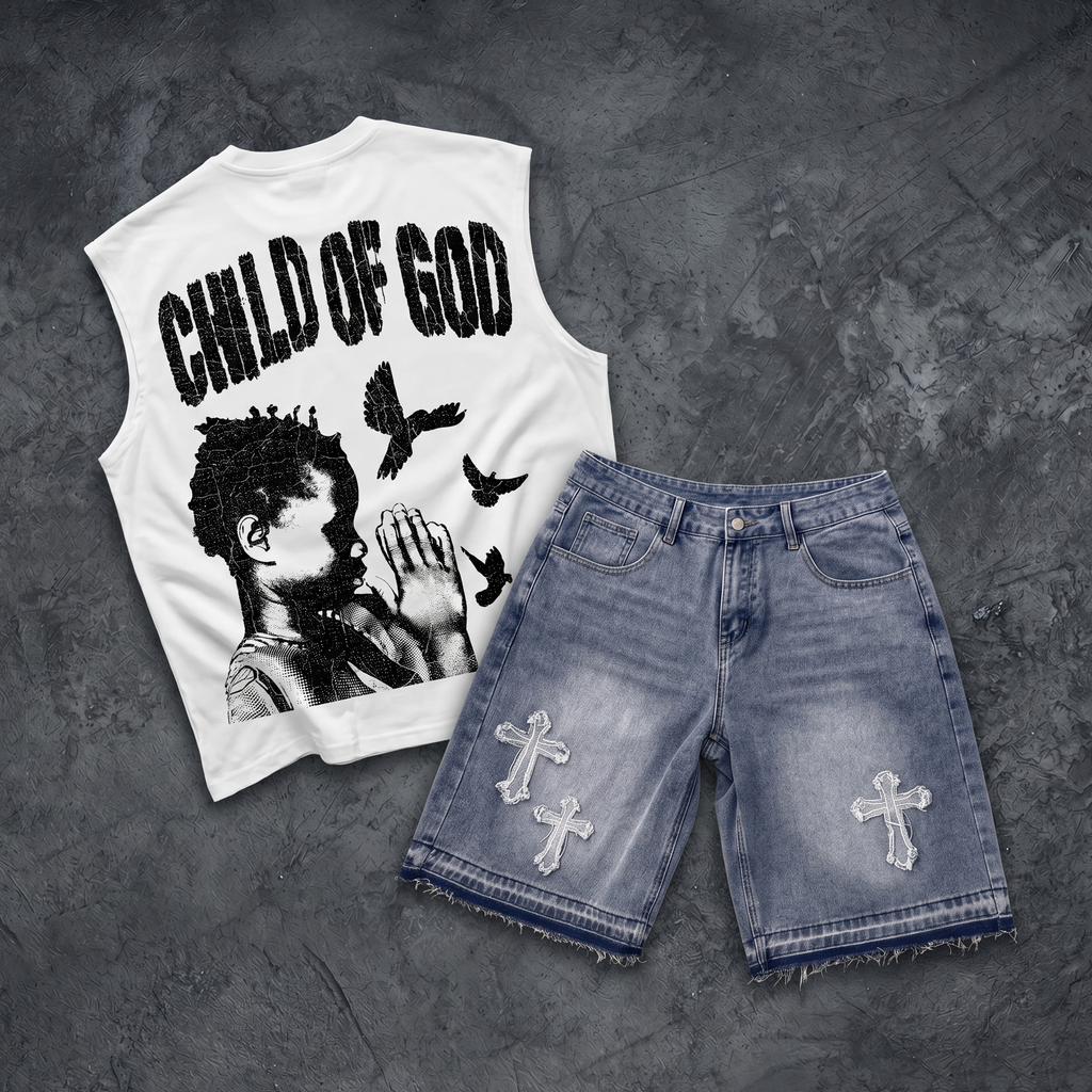 Child Of God Praying Graphic Tank Top & Distressed Cross Appliqué Denim Shorts