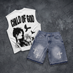 Child Of God Praying Graphic Tank Top & Distressed Cross Appliqué Denim Shorts