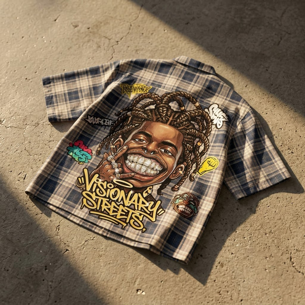 Street Graffiti Boy American Retro Style Graphic Plaid Jacket Shirt