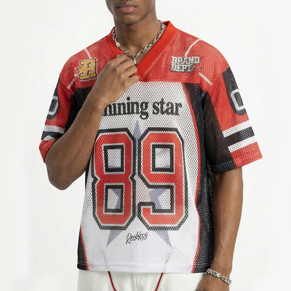 Star No.89 V-neck Digital Graphic Color-blocked Jersey
