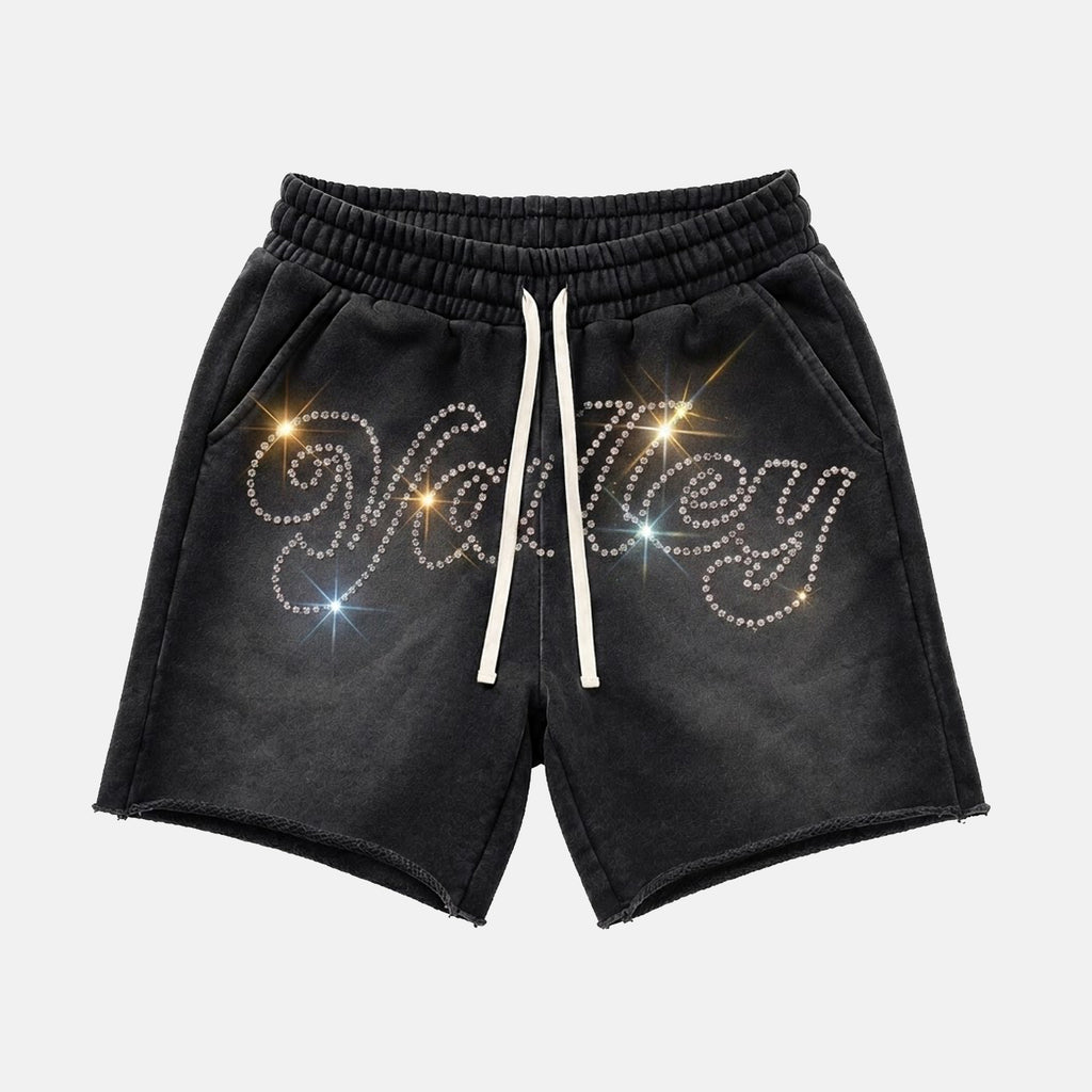 Rhinestone Embroidery Lettering Acid Washed Shorts