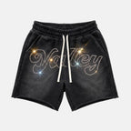 Rhinestone Embroidery Lettering Acid Washed Shorts