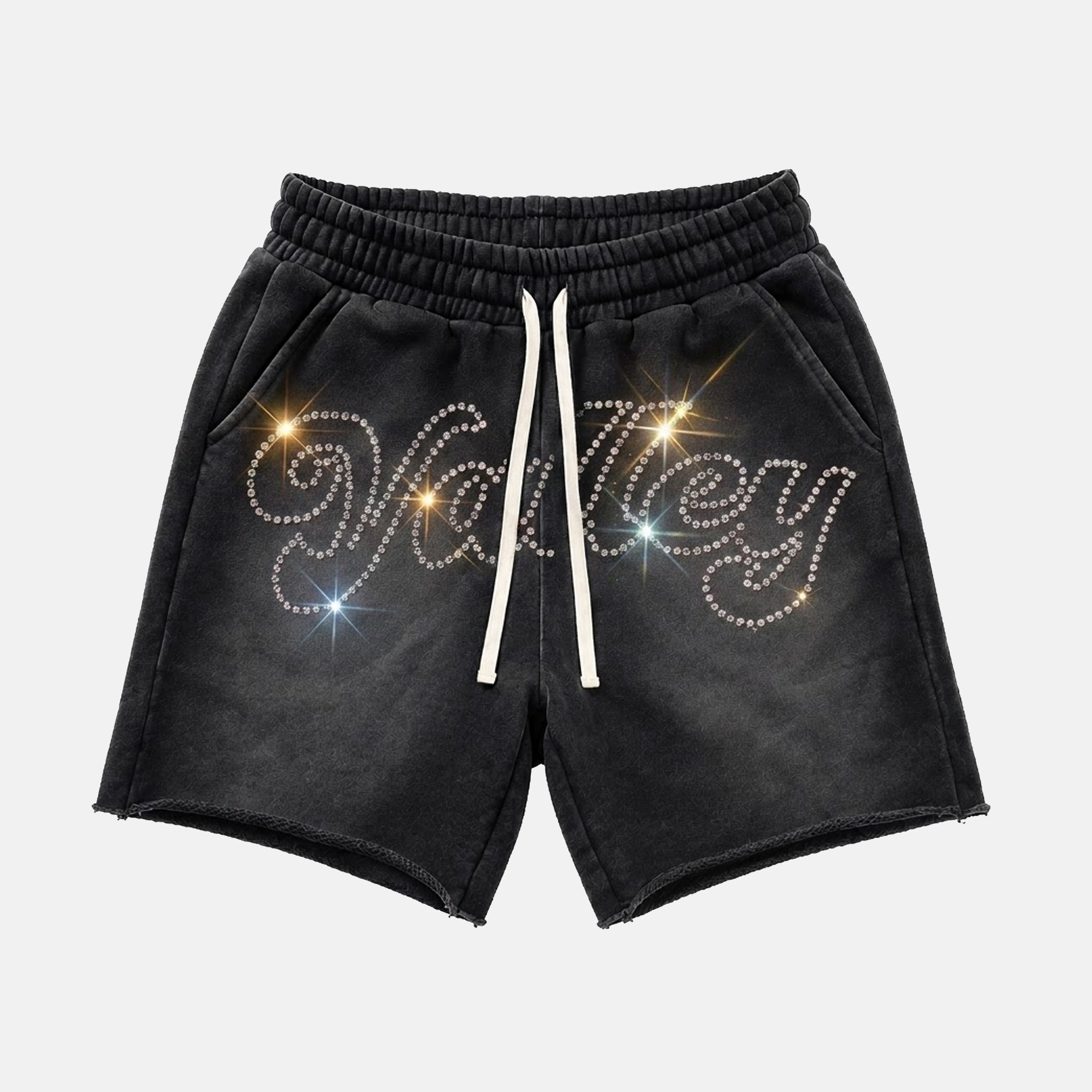 Rhinestone Embroidery Lettering Acid Washed Shorts