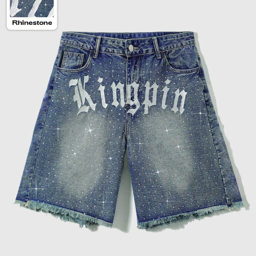 Y2k Trendy Letter Rhinestone Loose Denim Shorts