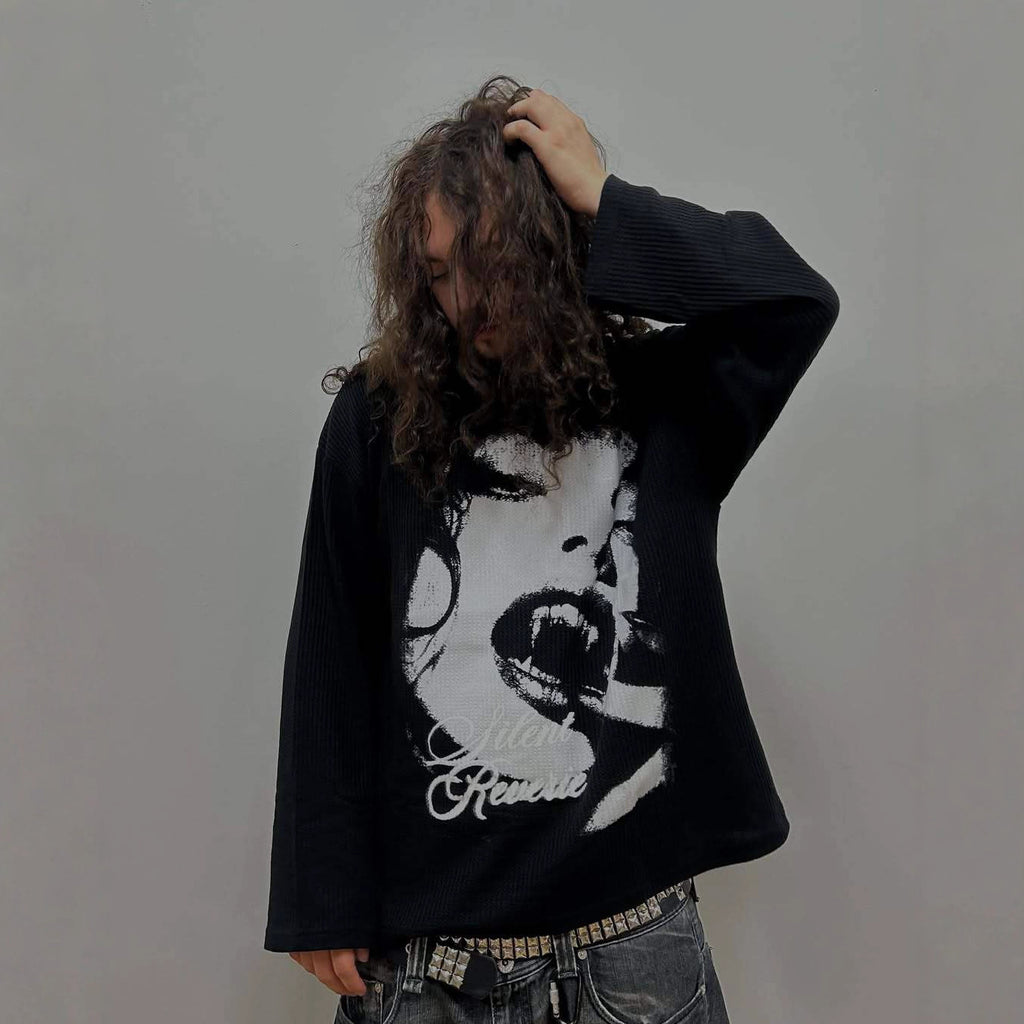 Y2k Dark Style Vampire Thermal Pattern Waffle  Long-sleeve T-shirt