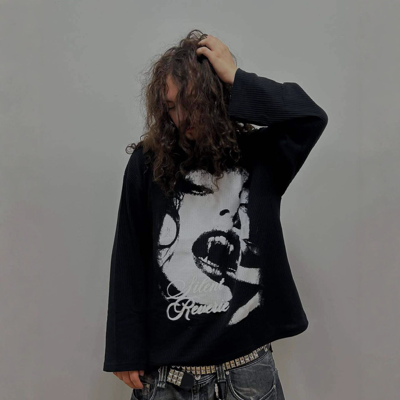 Y2k Dark Style Vampire Thermal Pattern Waffle  Long-sleeve T-shirt