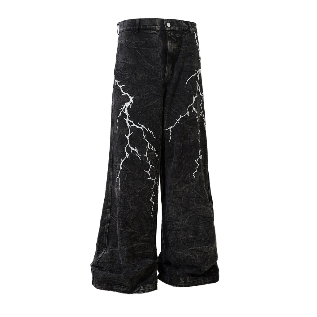 Men's Lightning Bolt Embroidered Baggy Jeans