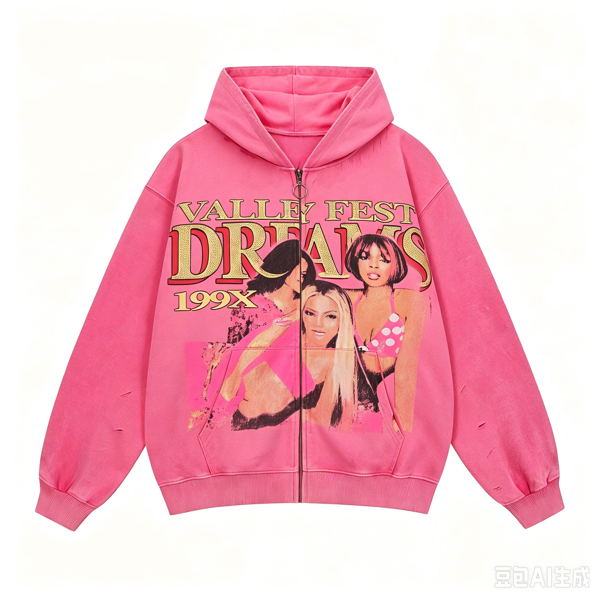 Retro Y2k Valley Pattern Acid-washed Oversized Zip-up Hoodie