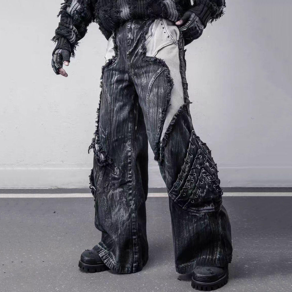 Washed Fringed Patchwork Ripped Lantern Jeans