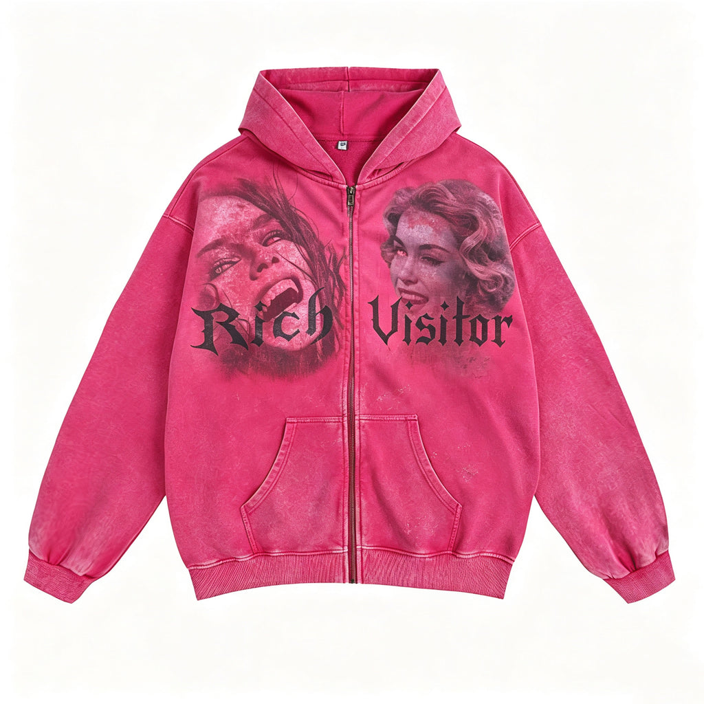 Retro Faded Memorys Jacket Acid-washed  Oversized Zip-up Hoodie