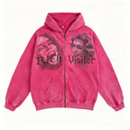 Retro Faded Memorys Jacket Acid-washed  Oversized Zip-up Hoodie