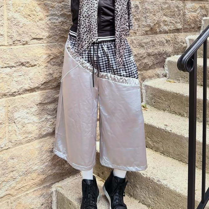 Fashionable Plaid Color-blocked Drawstring Casual Shorts