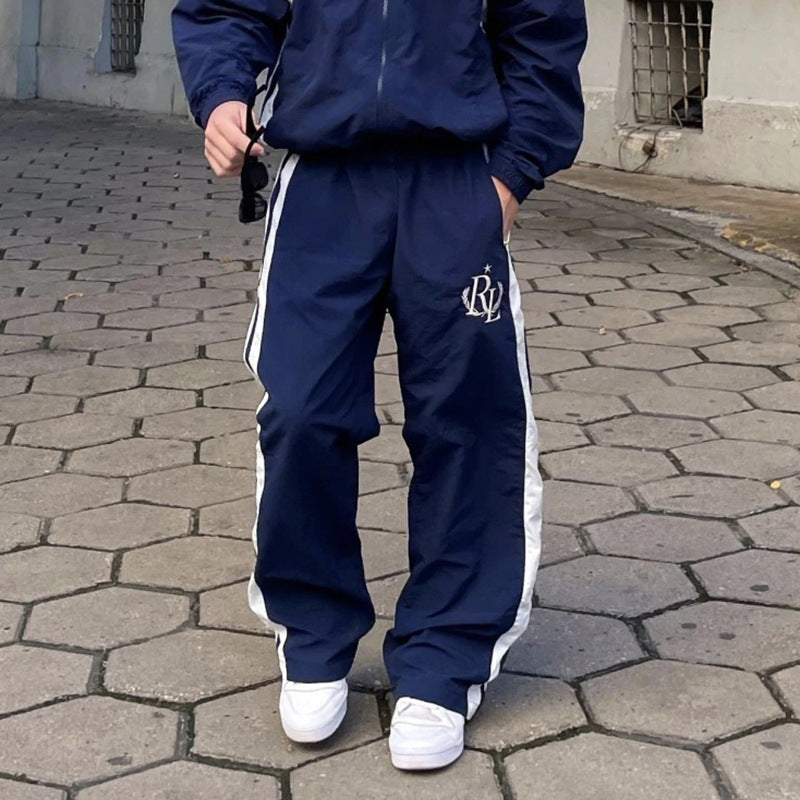 Sporty Striped Embroidered Casual Trousers