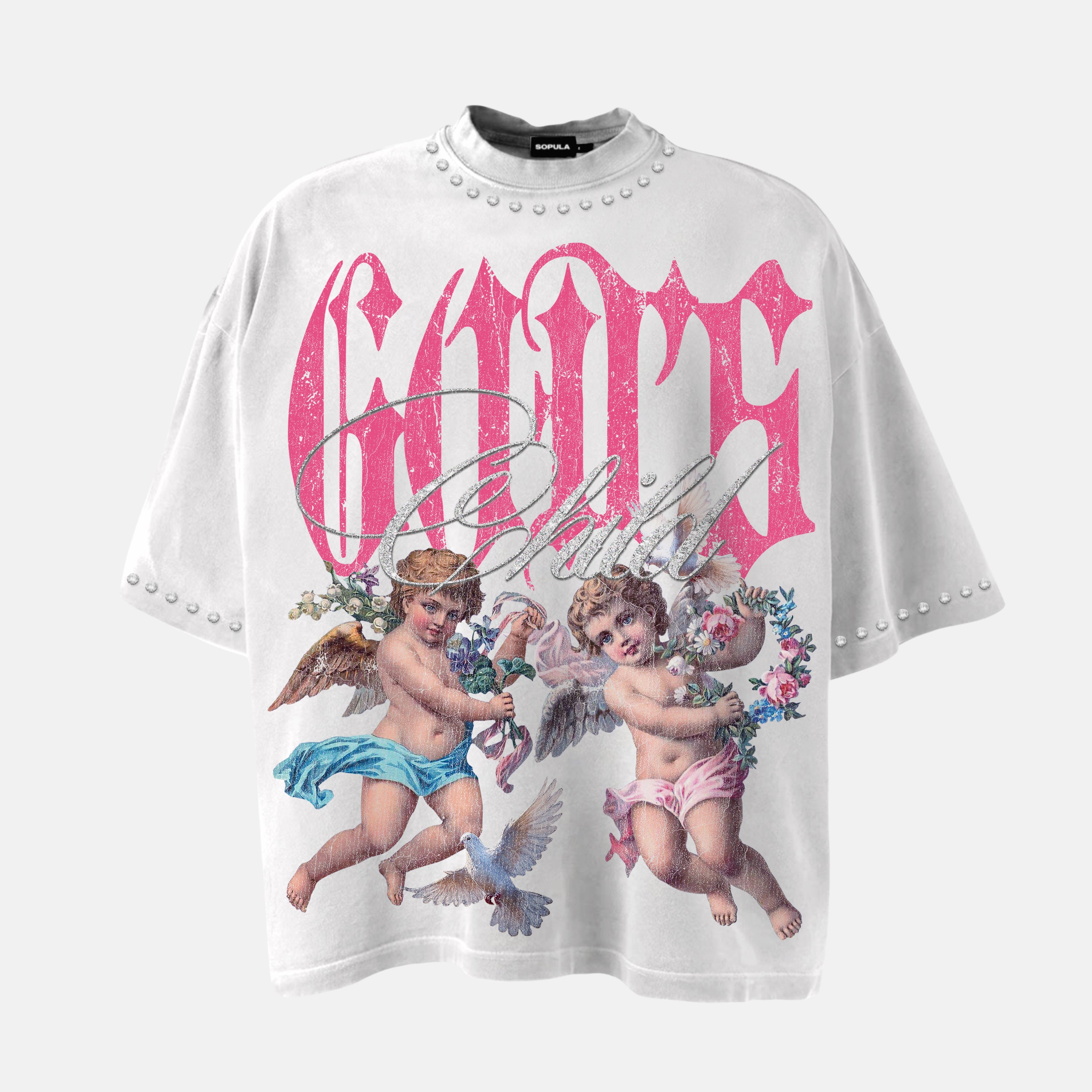 God's Child Retro Flowers Angel Graphic Rhinestone T-shirt