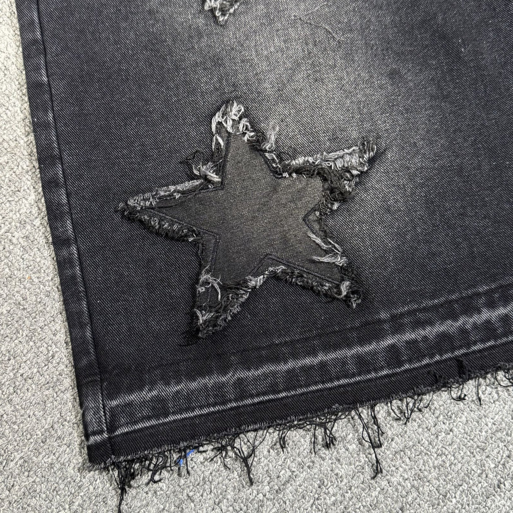 Streetwear Washed Distressed Star Appliqué Denim Jorts