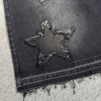 Streetwear Washed Distressed Star Appliqué Denim Jorts