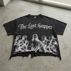 Retro Sketch Of Jesus At The Last Supper Graphic Crop Ripped T-shirt