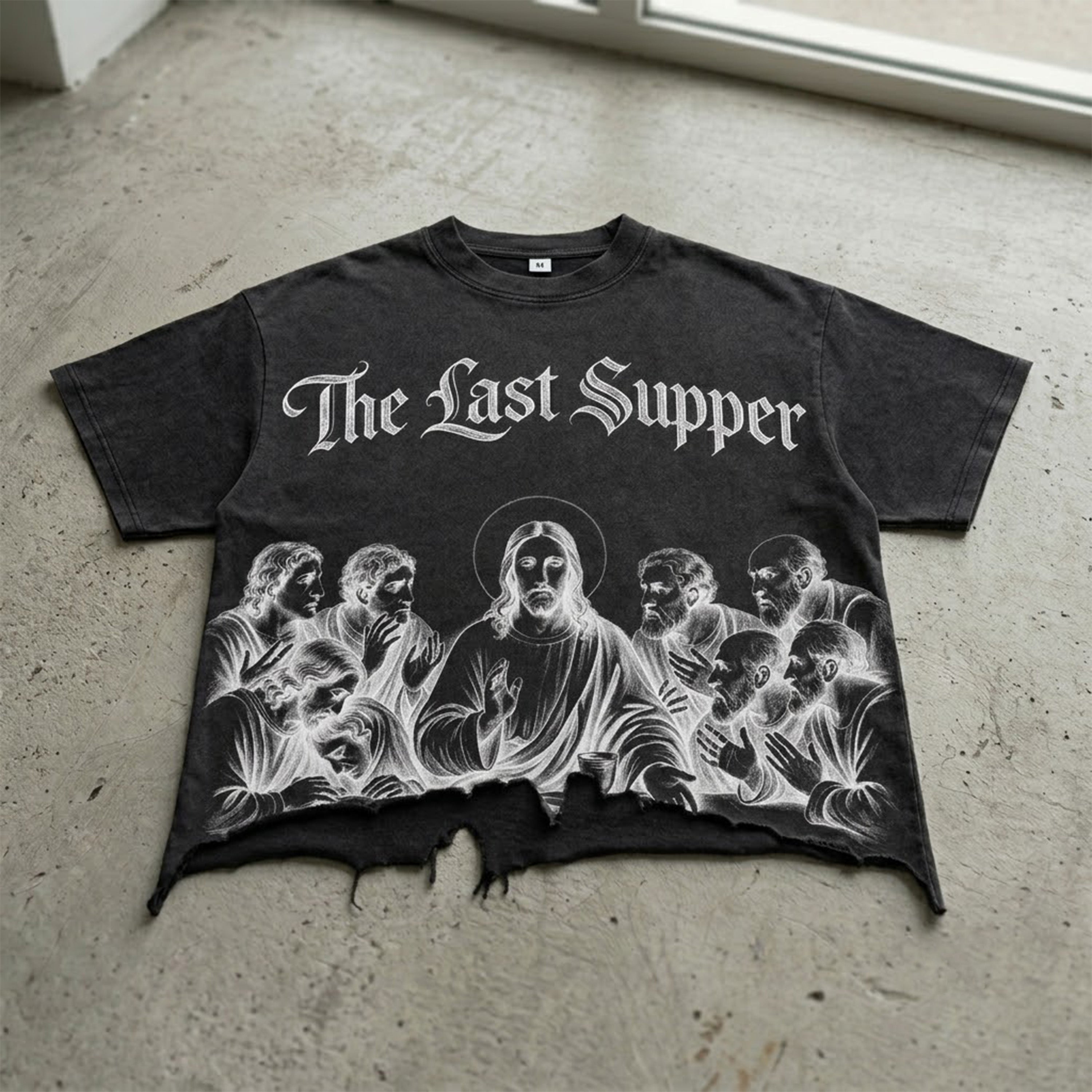 Retro Sketch Of Jesus At The Last Supper Graphic Crop Ripped T-shirt