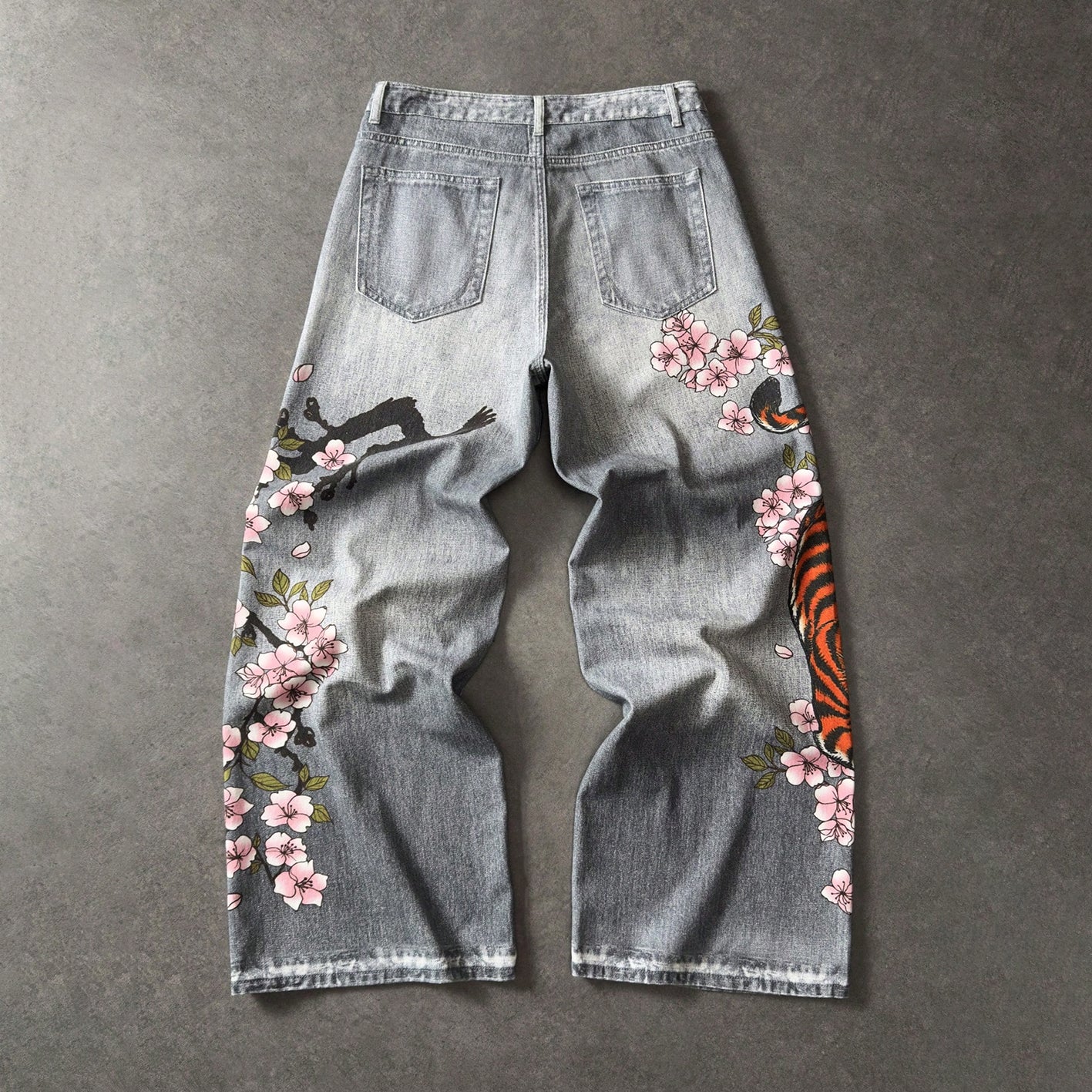 Retro Japanese Floral Tigerbloom Loose Jeans