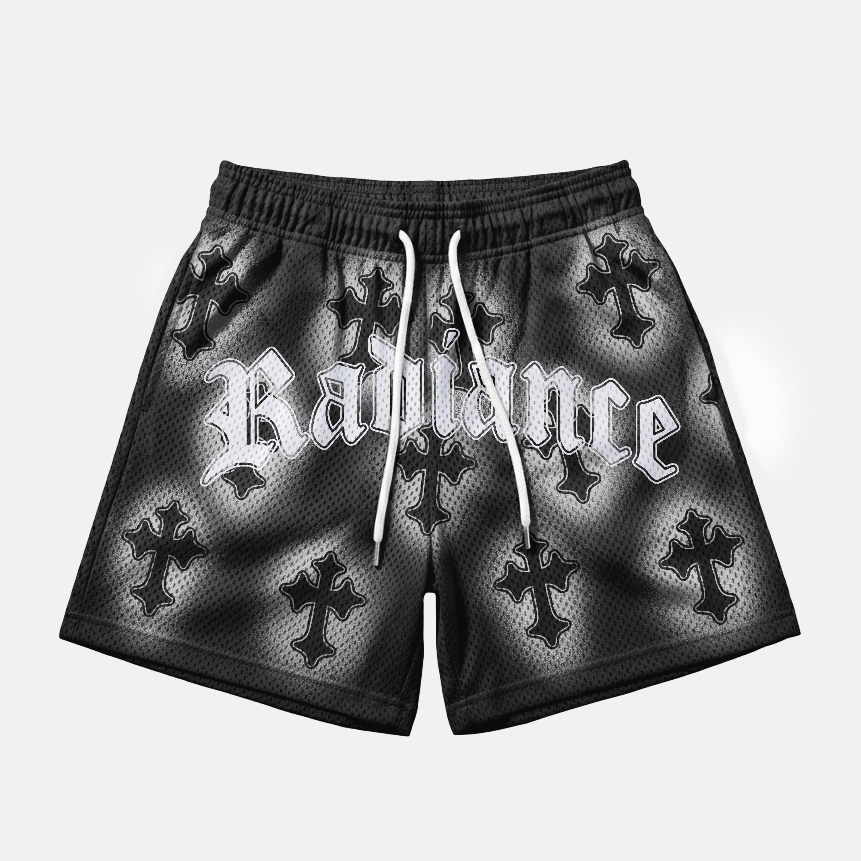 Classic Panda Black White Radiance Cross Graphic Mesh Athletic Shorts