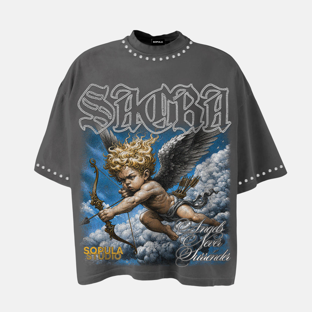 Sacra Angels Never Surrender Graphic Rhinestone Cotton T-shirt
