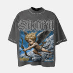 Sacra Angels Never Surrender Graphic Rhinestone Cotton T-shirt