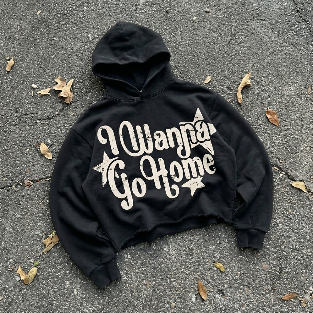 I Wanna Go Home Mental Health Print Slogan Graphic Cropped Hoodie