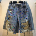 Streetwear Fashion Ripped Crystal Loose Shorts Jorts