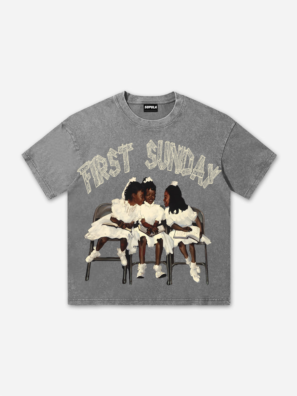 Retro First Sunday Faith Graphic Print Acid Washed T-shirt