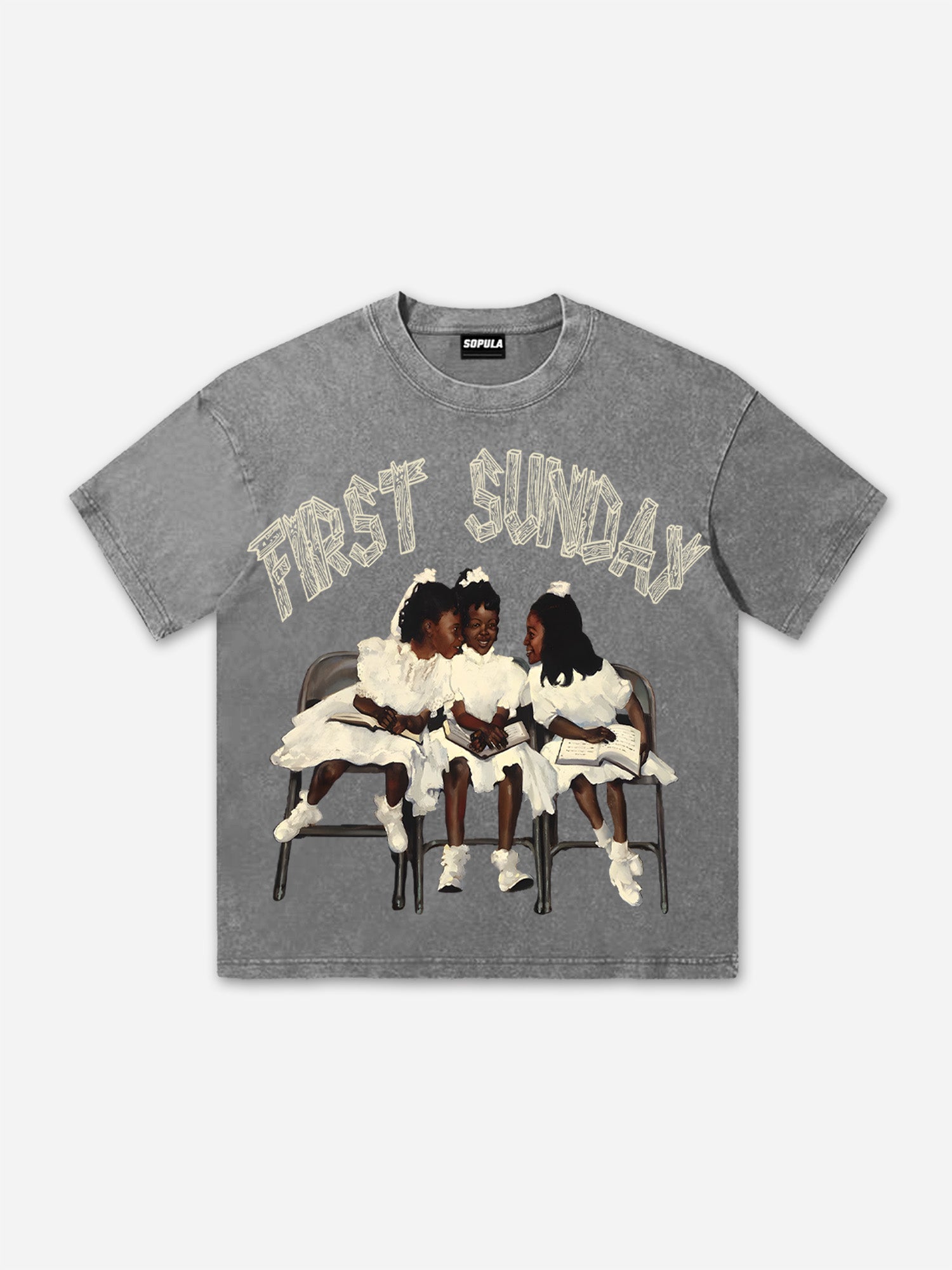 Retro First Sunday Faith Graphic Print Acid Washed T-shirt